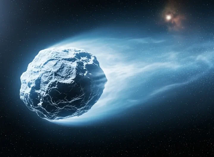 immagine fotorealistica e cinematografica di una grande cometa interstellare
