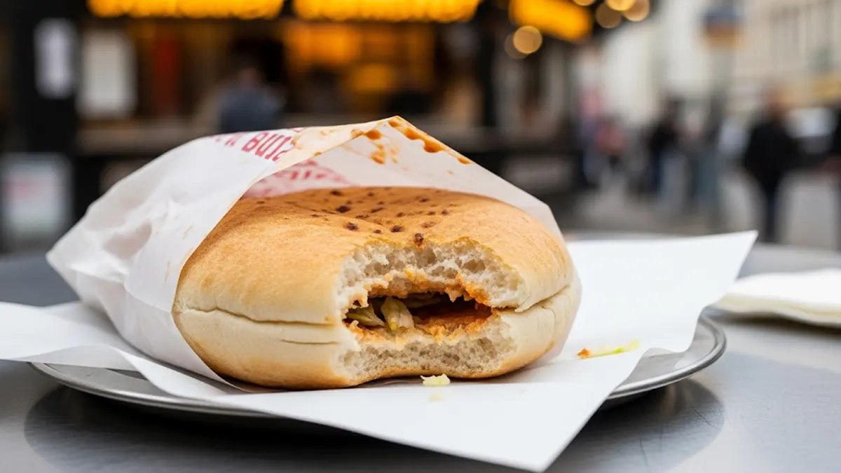 immagine in stile fotoreportage che mostra un panino di döner kebab vuoto