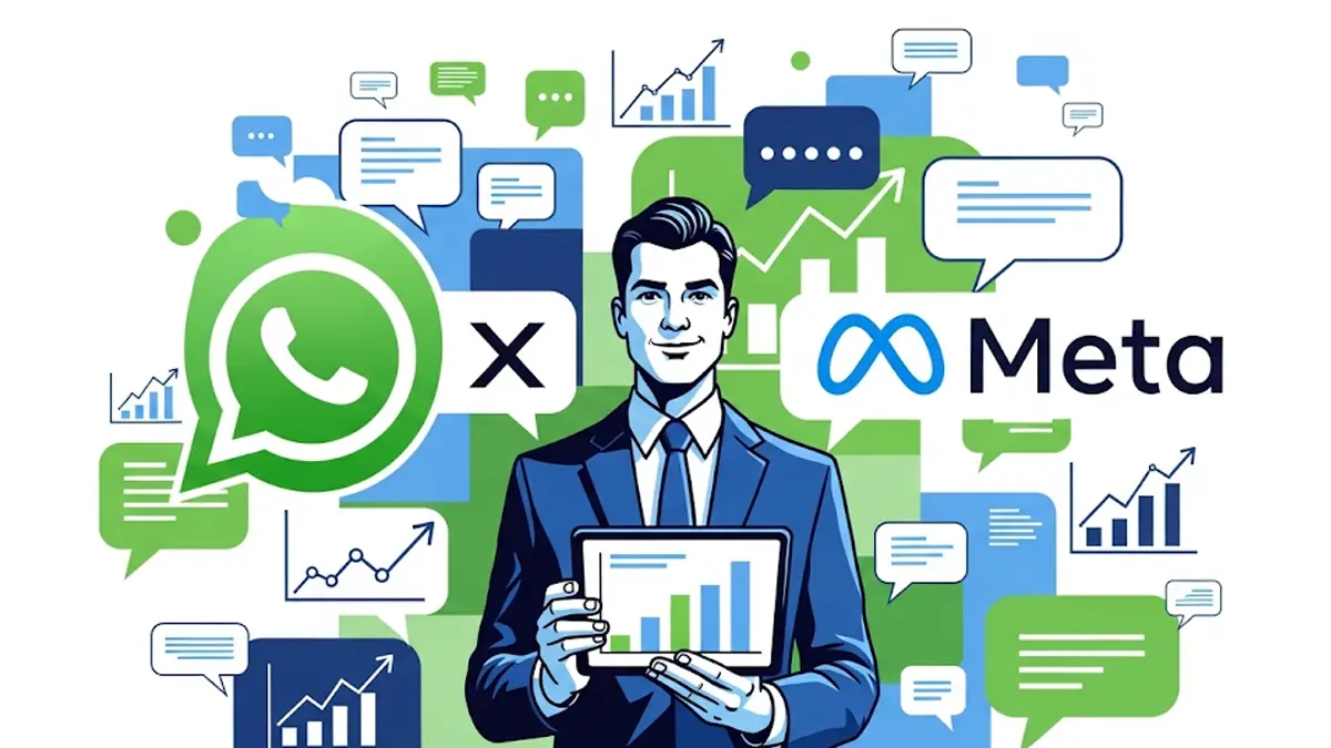 immagine stilizzata che mostra il logo di WhatsApp affiancato a quello di Meta