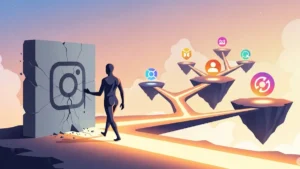 immagine stilizzata che mostra una persona mentre si allontana da un grande logo di Instagram incrinato