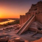 immagine suggestiva al tramonto delle rovine di un antica ziggurat mesopotamica