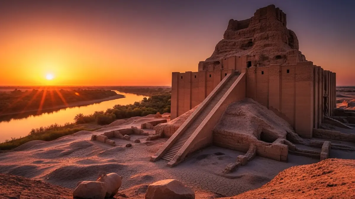 immagine suggestiva al tramonto delle rovine di un antica ziggurat mesopotamica