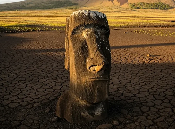l nuovo moai scoperto nel letto prosciugato del lago nel cratere di Rano Raraku