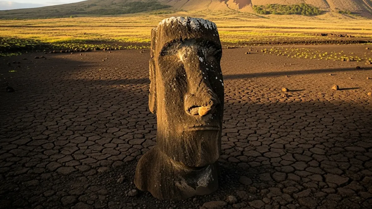 l nuovo moai scoperto nel letto prosciugato del lago nel cratere di Rano Raraku