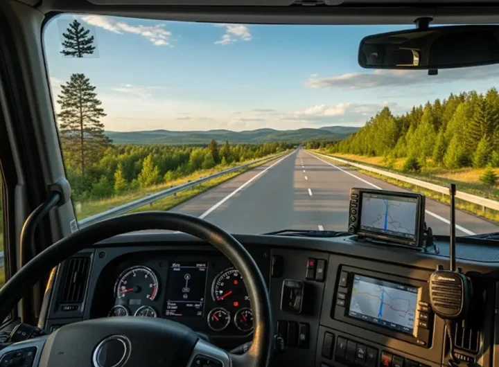la cabina di un moderno camion vista dalla prospettiva del guidatore