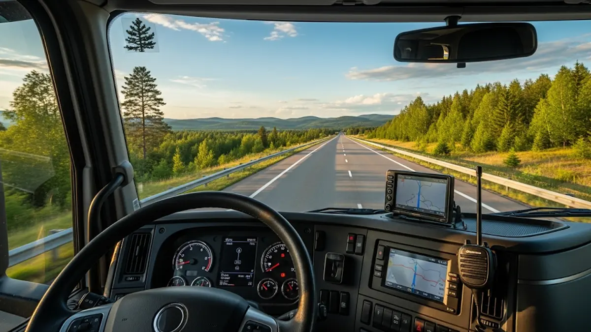 la cabina di un moderno camion vista dalla prospettiva del guidatore