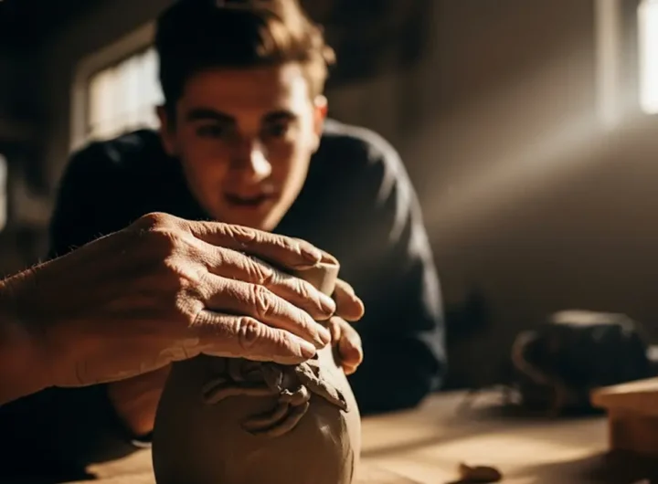 le mani anziane di un artigiano che lavora un materiale grezzo