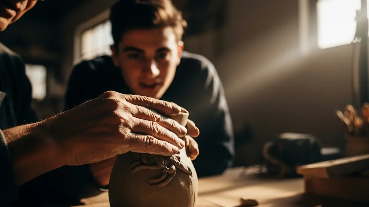 le mani anziane di un artigiano che lavora un materiale grezzo