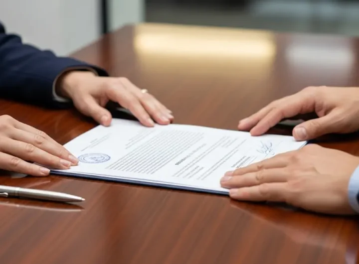 le mani di due persone sopra un documento ufficiale su una scrivania