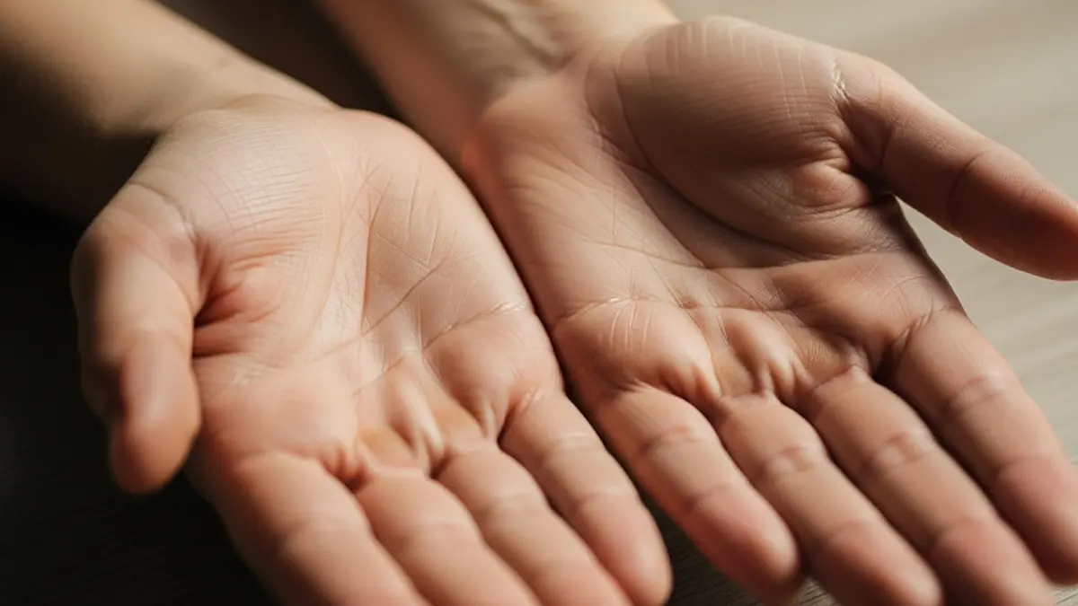 le mani di una persona aperte con le linee del palmo ben visibili e a fuoco