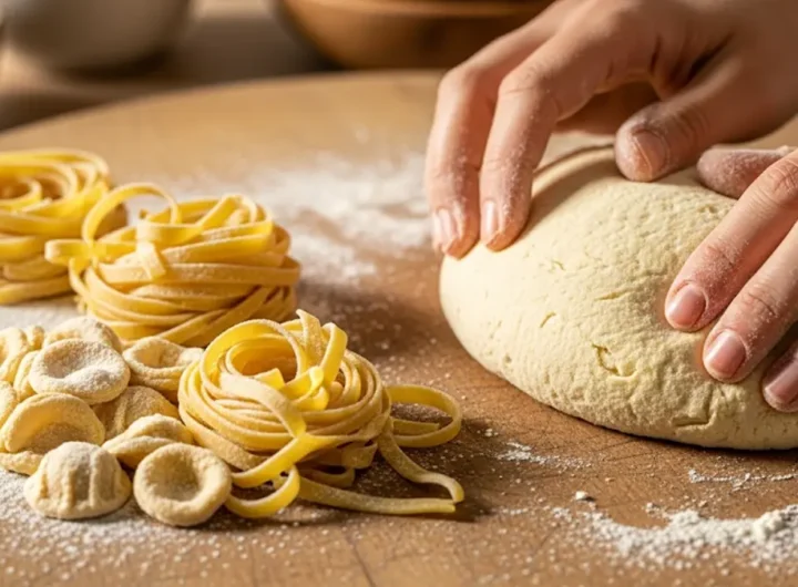 mani che lavorano un impasto liscio di semola su una spianatoia di legno