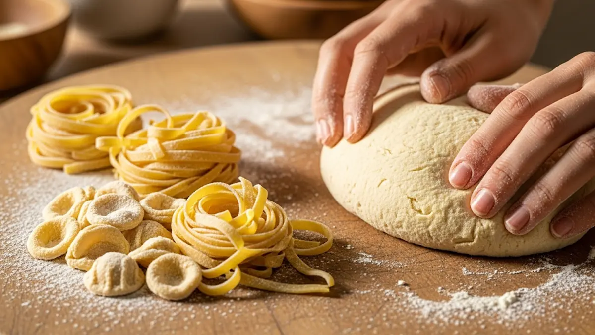 mani che lavorano un impasto liscio di semola su una spianatoia di legno