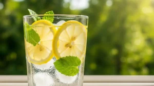 primo piano un bicchiere di acqua fresca con limone e menta