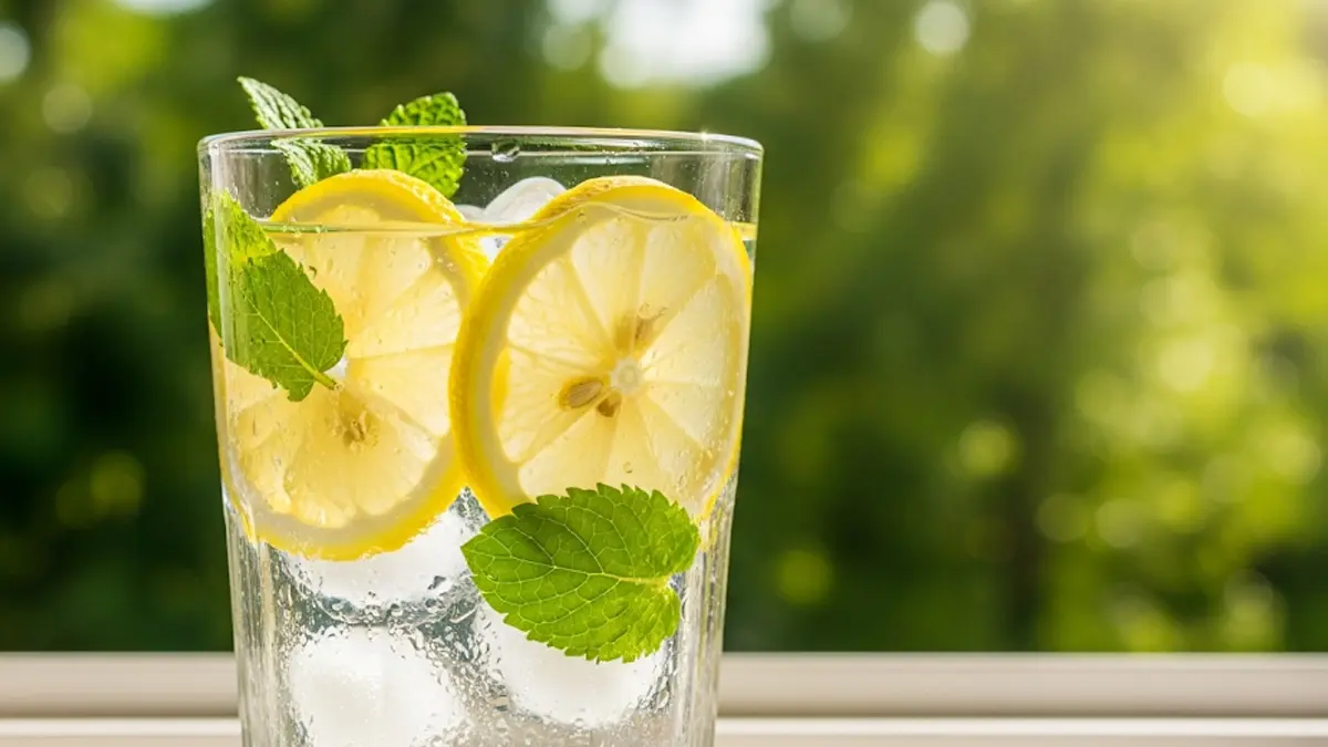 primo piano un bicchiere di acqua fresca con limone e menta