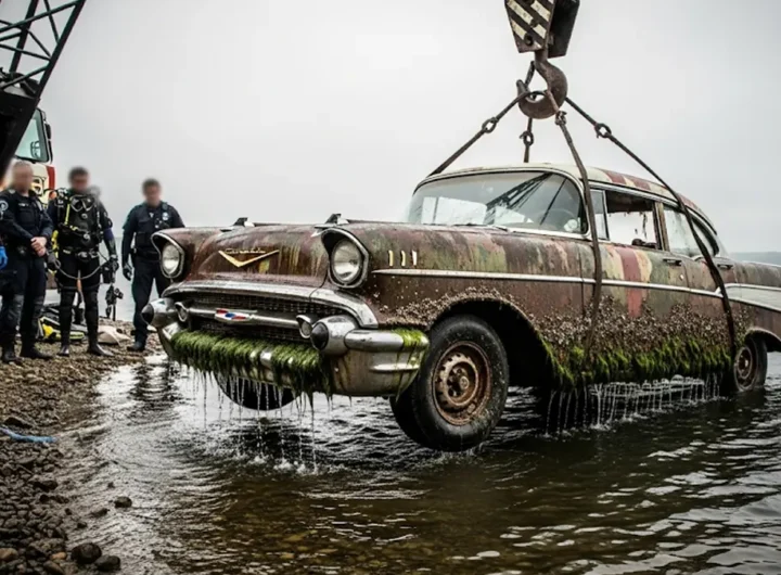 un auto di epoca parzialmente coperta da alghe e incrostazioni