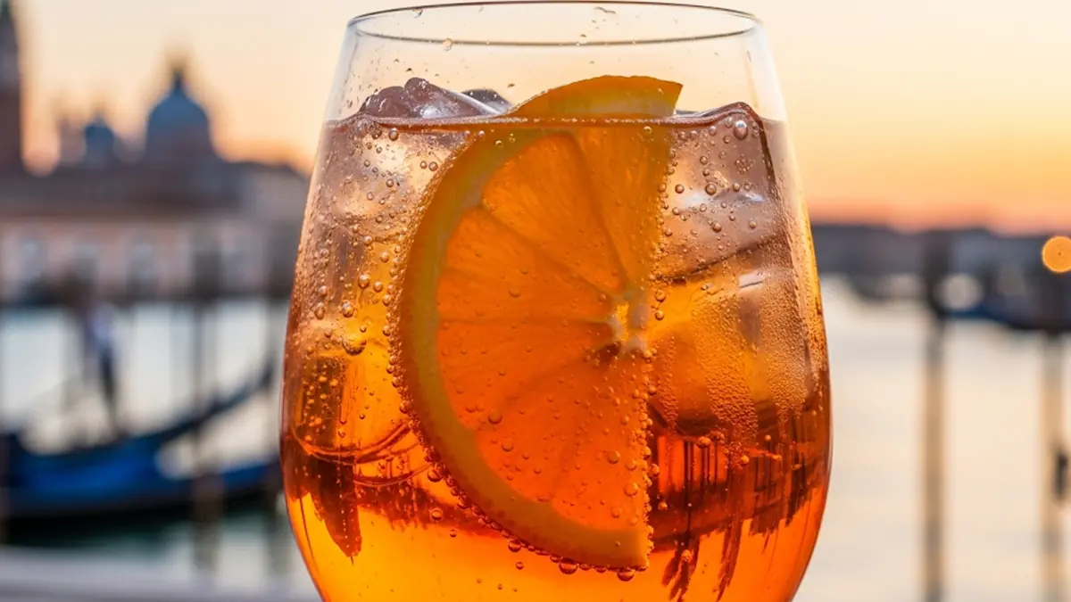 un calice da vino colmo di Spritz color arancio brillante