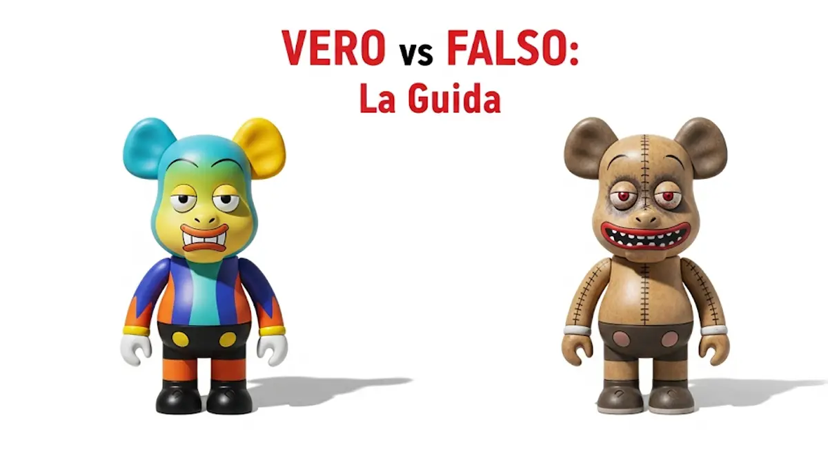 un confronto diretto side-by-side tra un Labubu palesemente originale e uno palesemente falso
