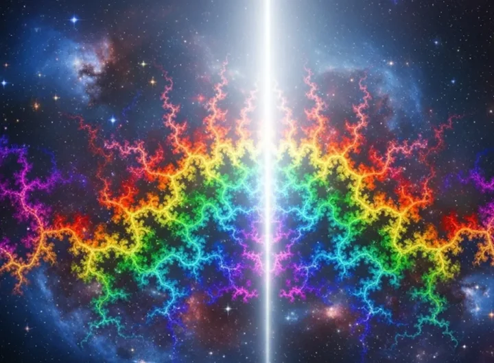 un fascio di luce bianca che si scompone in un arcobaleno complesso e frattale