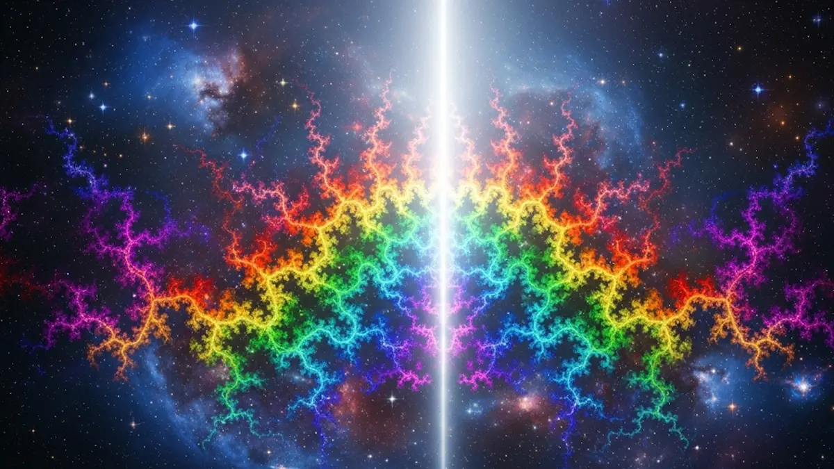 un fascio di luce bianca che si scompone in un arcobaleno complesso e frattale