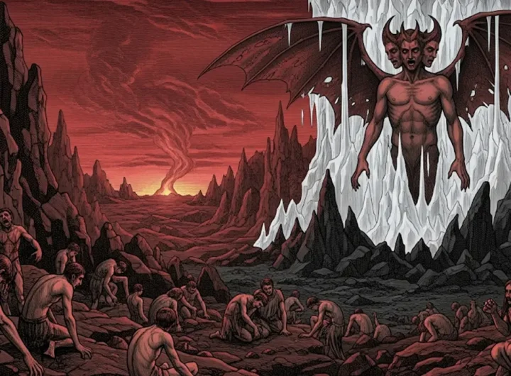 un paesaggio desolato e una grande figura oscura e imponente Lucifero bloccata nel ghiaccio in lontananza