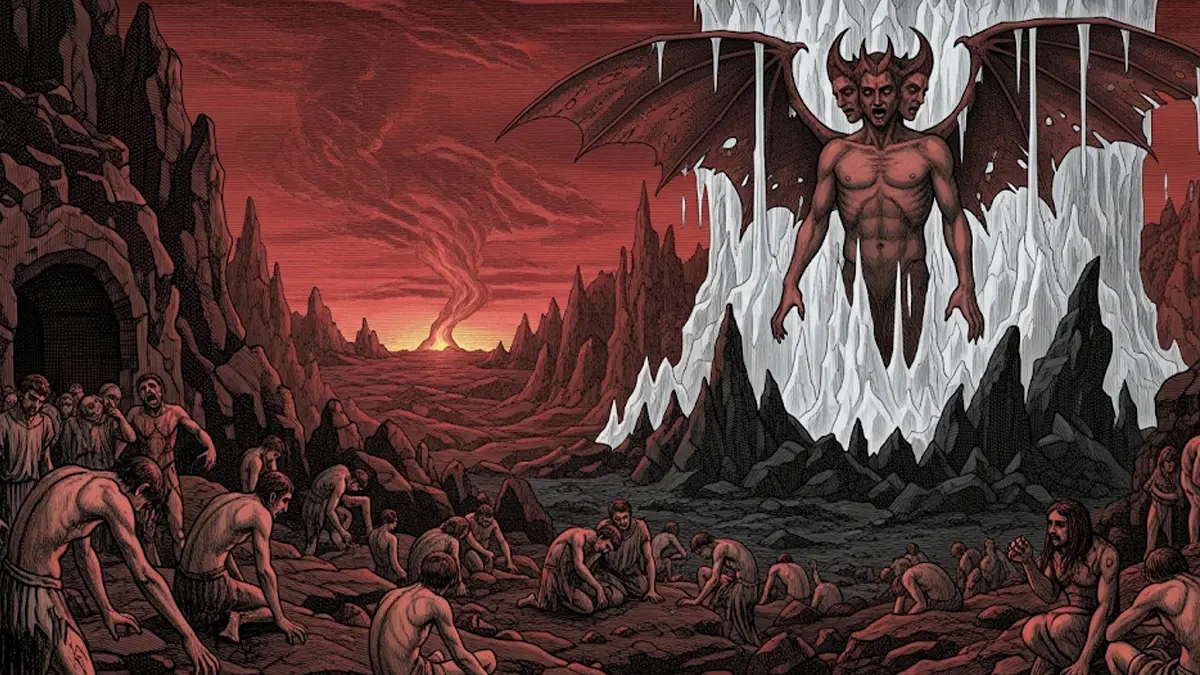 un paesaggio desolato e una grande figura oscura e imponente Lucifero bloccata nel ghiaccio in lontananza