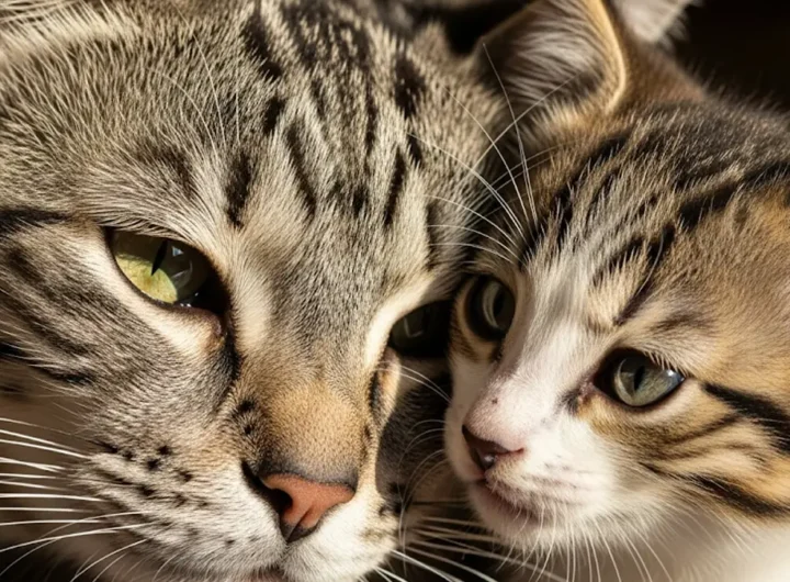 un primo piano affettuoso di un gatto anziano con il muso leggermente ingrigito accanto a un gattino giovane e vivace