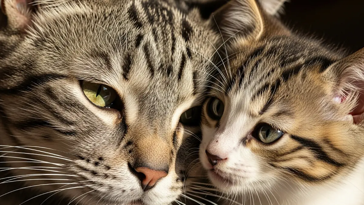 un primo piano affettuoso di un gatto anziano con il muso leggermente ingrigito accanto a un gattino giovane e vivace