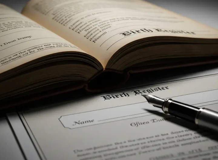 un registro anagrafico antico o una penna stilografica su un documento ufficiale