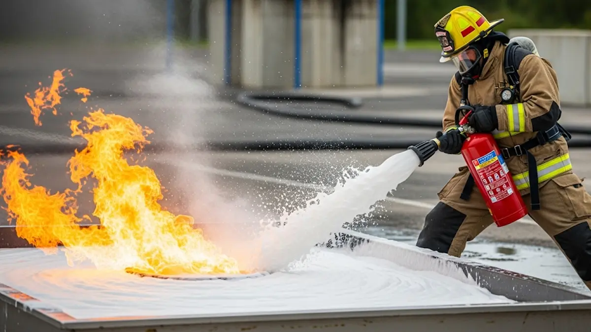 un vigile del fuoco in azione mentre dirige il getto di un estintore a schiuma verso la base di un fuoco controllato
