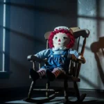 una bambola Raggedy Ann seduta su una sedia a dondolo in una stanza poco illuminata