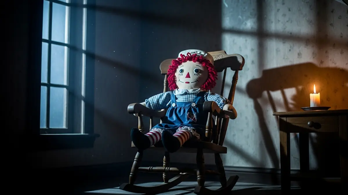 una bambola Raggedy Ann seduta su una sedia a dondolo in una stanza poco illuminata