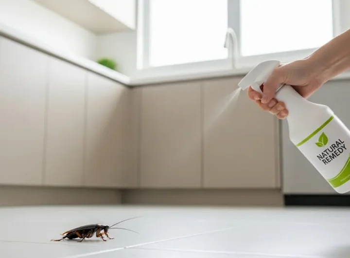 una blatta scura su una piastrella in cucina