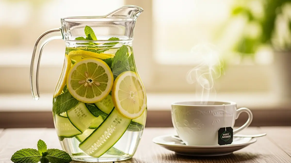 una caraffa di vetro con acqua fettine di limone cetriolo e foglie di menta