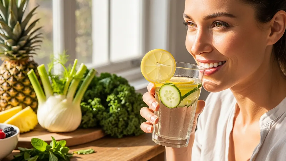 una donna sorridente e in salute mentre beve un bicchiere di acqua