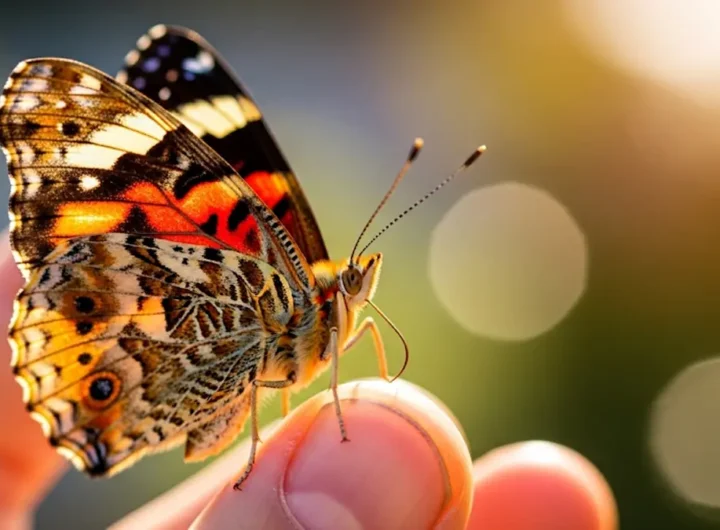 una farfalla colorata posata delicatamente sul dito di una persona