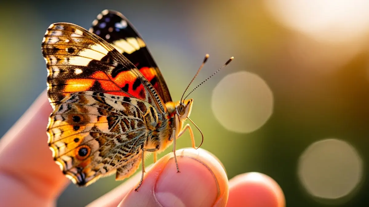 una farfalla colorata posata delicatamente sul dito di una persona