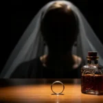 una fede nuziale di oro è appoggiata accanto a una piccola boccetta di vetro antico contenente un liquido scuro