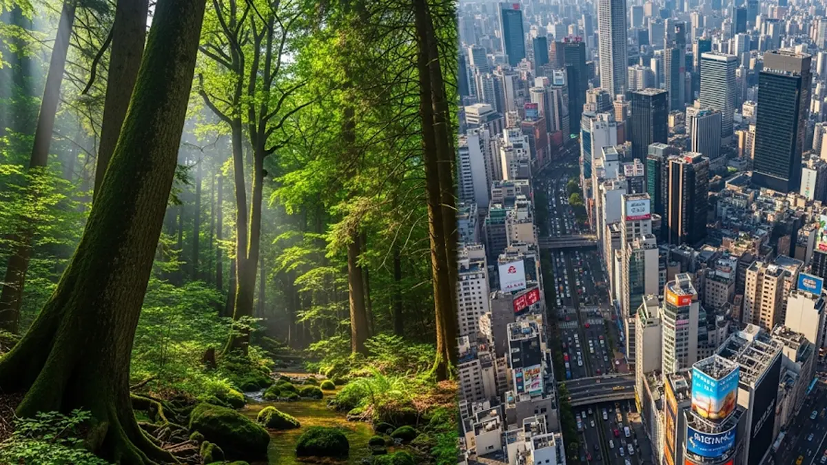 una foresta lussureggiante una metropoli densamente popolata