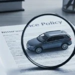 una lente di ingrandimento che ispeziona un modellino di auto e una polizza assicurativa