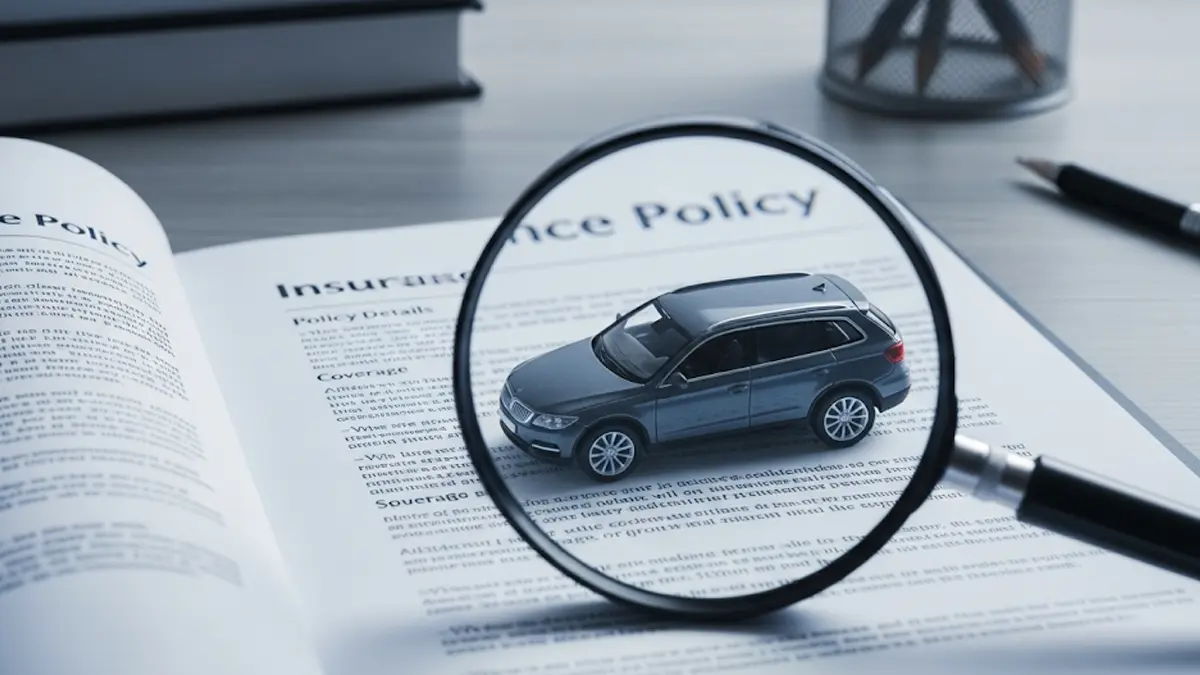 una lente di ingrandimento che ispeziona un modellino di auto e una polizza assicurativa
