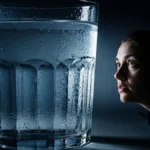 una persona che guarda con sospetto un grande bicchiere di acqua