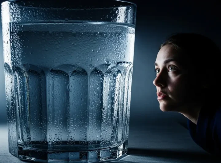 una persona che guarda con sospetto un grande bicchiere di acqua
