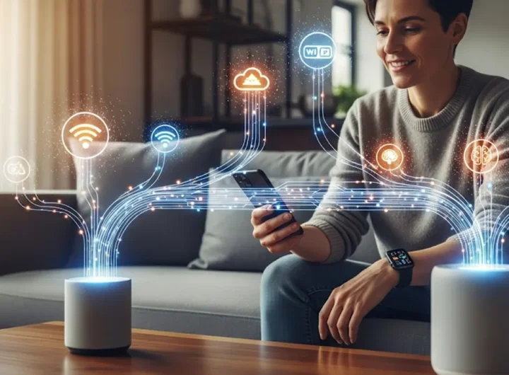una persona in un ambiente domestico moderno mentre interagisce in modo naturale con più dispositivi