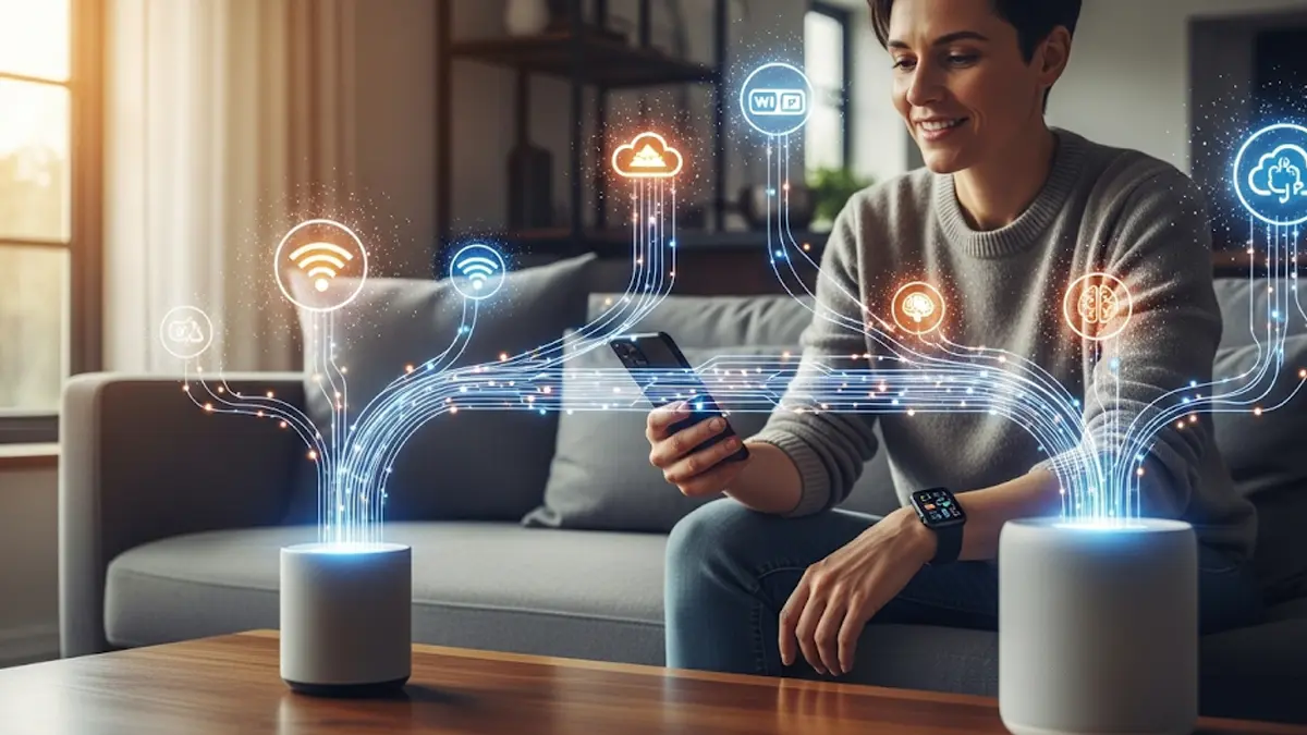una persona in un ambiente domestico moderno mentre interagisce in modo naturale con più dispositivi