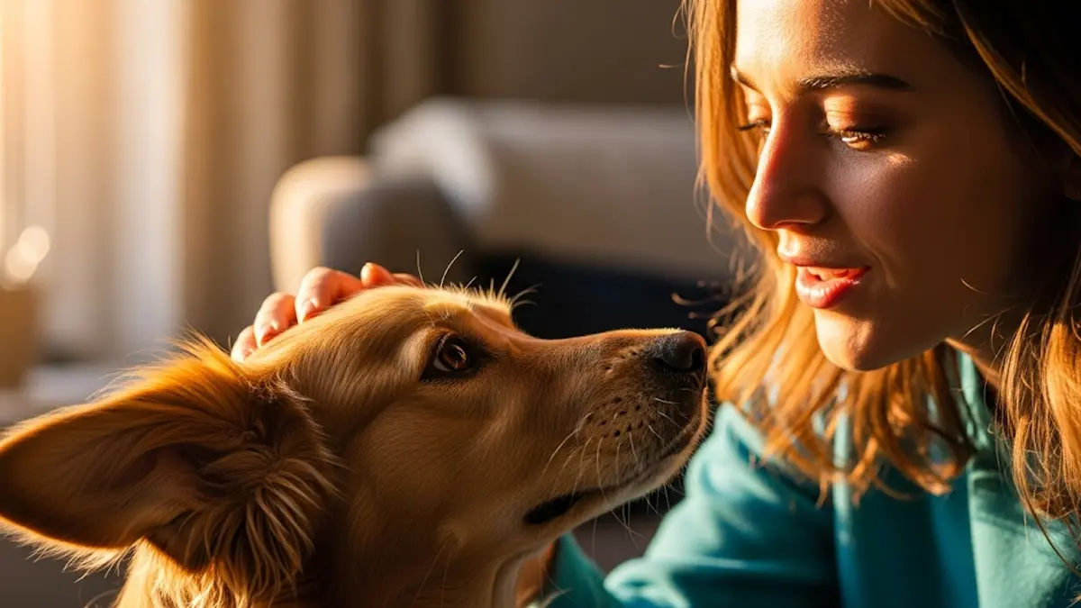 una persona mentre guarda amorevolmente il proprio cane e gli parla