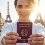 una persona sorridente con in mano un passaporto italiano