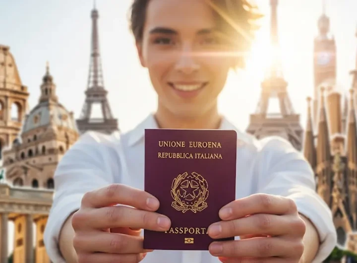 una persona sorridente con in mano un passaporto italiano