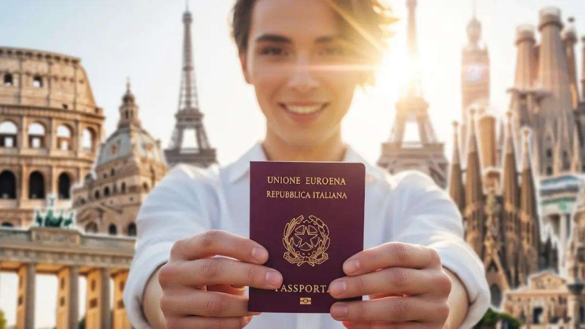 una persona sorridente con in mano un passaporto italiano