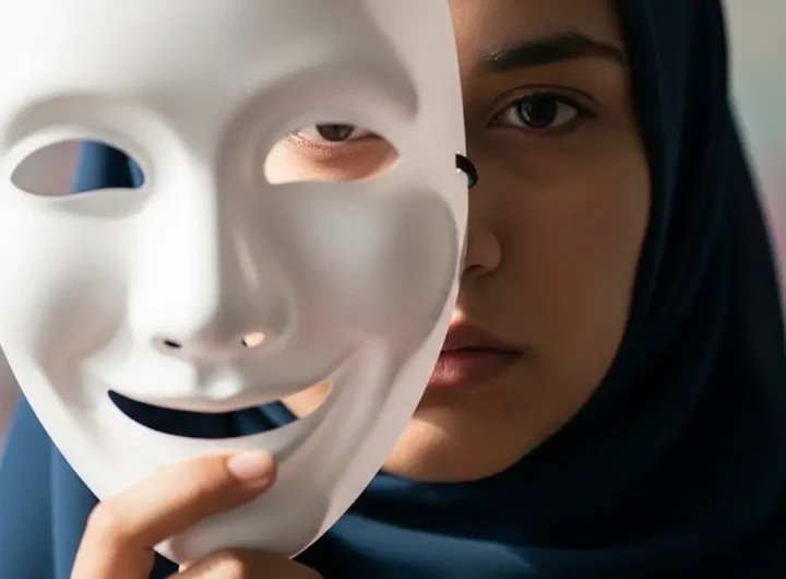 una persona tiene in mano una maschera bianca sorridente che copre parzialmente il suo volto