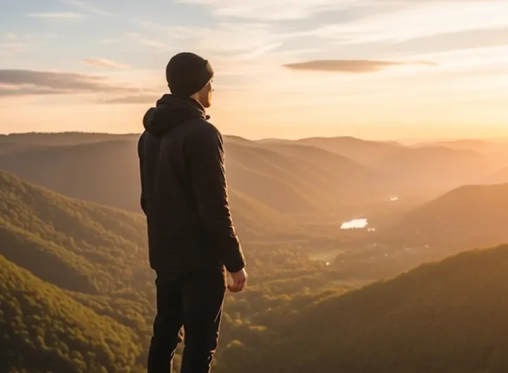 una persona, vista di spalle mentre guarda con serenità un panorama luminoso